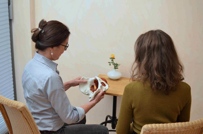 Eine Therapeutin erklärt einer Patientin den Beckenboden anhand eines Beckenbodenmodells